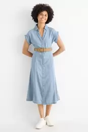 Jeans-Blusenkleid mit V-Ausschnitt und Gürtel