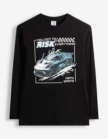 Langarmshirt - Frontprint - Schwarz