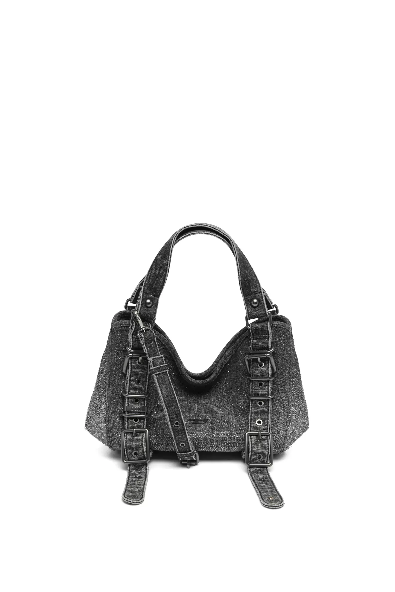 D-One-Small Henkeltasche aus solarisiertem Denim mit Kristallen