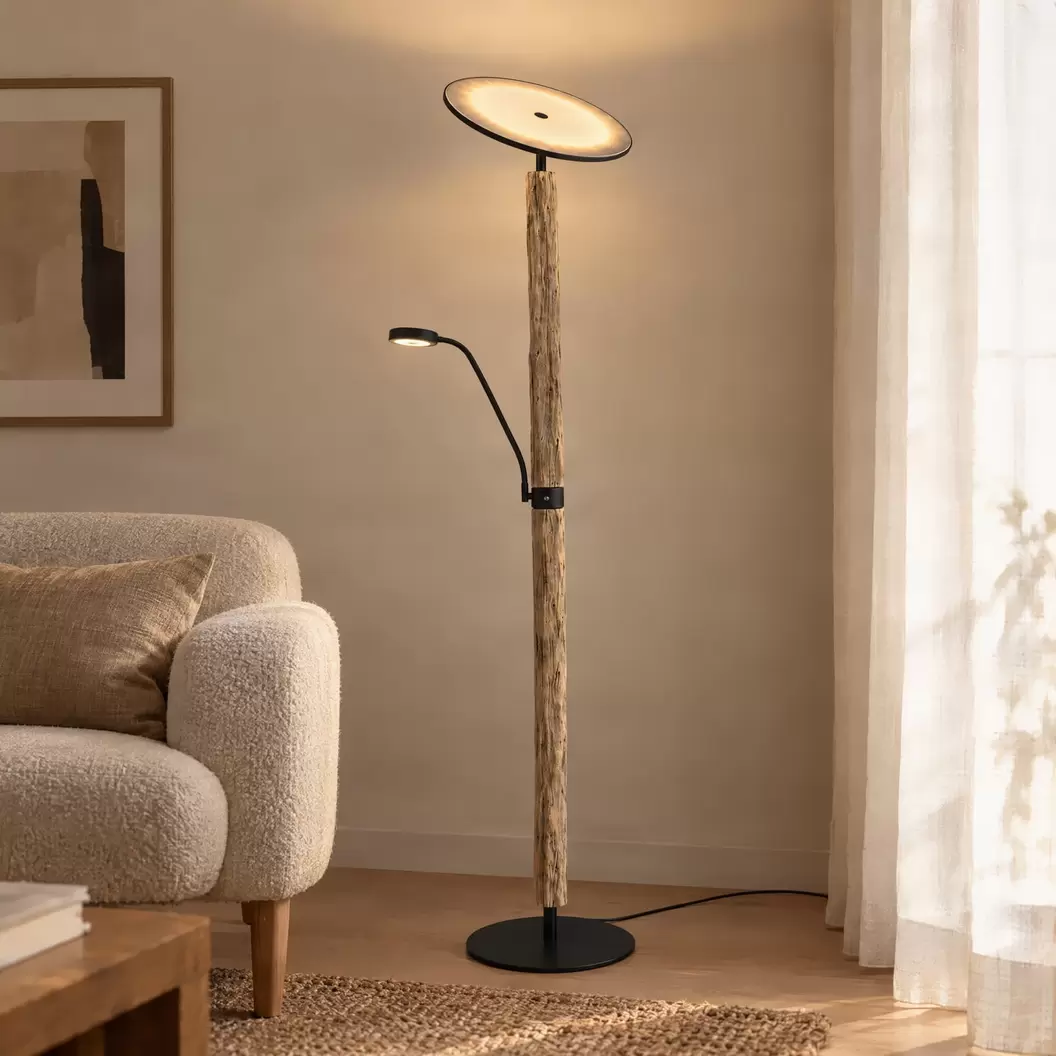 Lucande LED-Stehleuchte Woodland, 180 cm, Holz, Leselicht