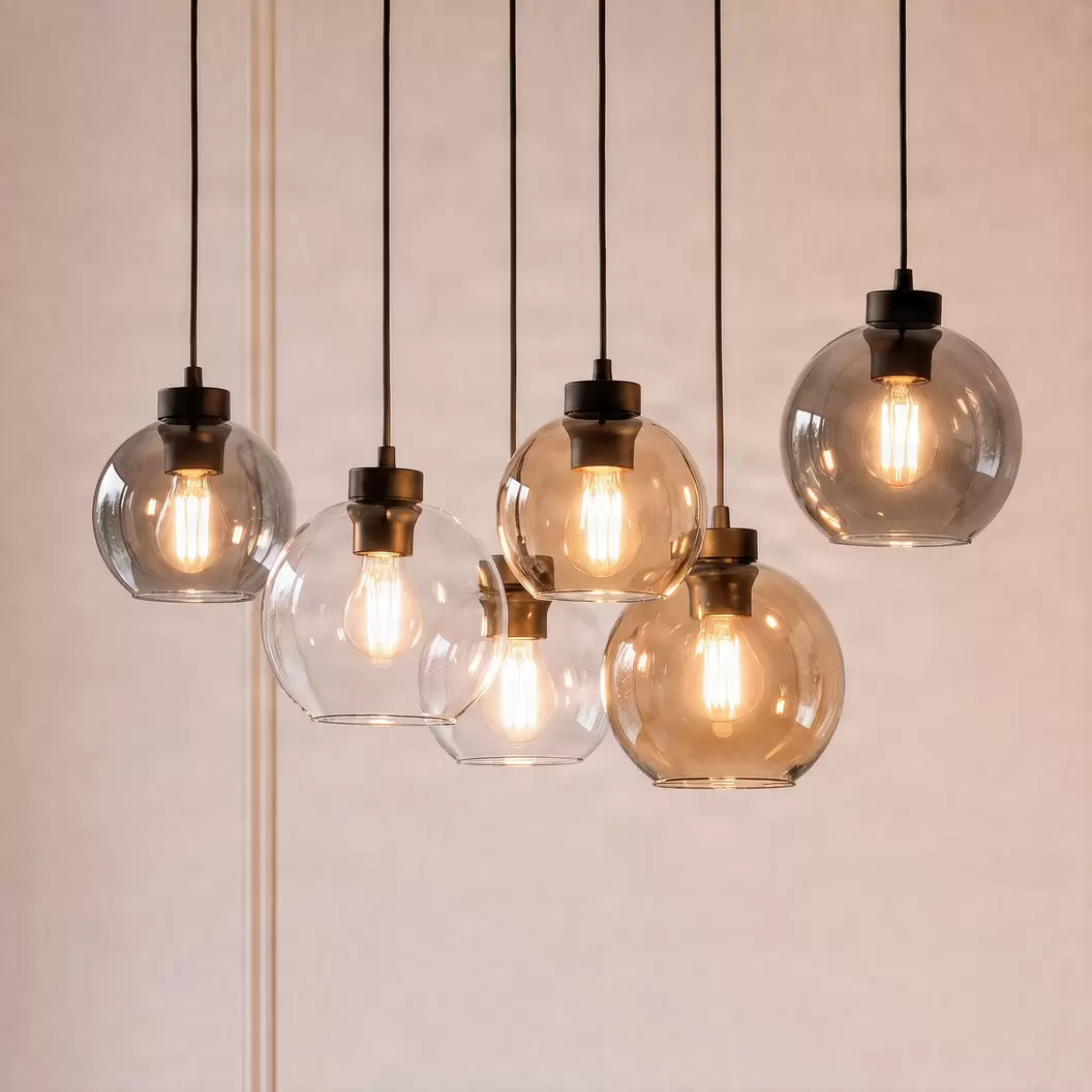 Hängeleuchte Cubus, 74 cm, 6-flg., klar/honig/braun, Glas