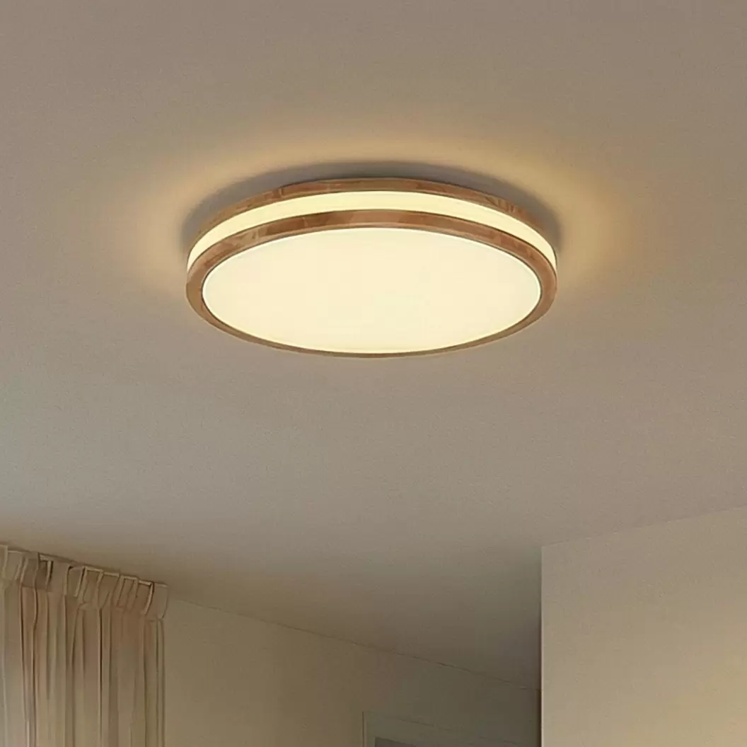 Lindby LED-Deckenlampe Emiva, 50 cm, Holz hell, CCT