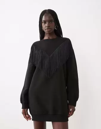 ASOS DESIGN Sweatshirt-Kleid mit Fransen in Schwarz