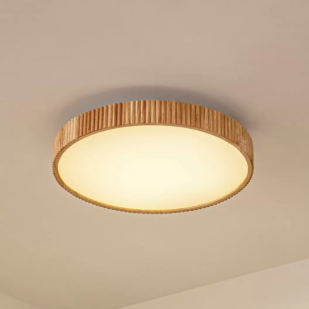 Lindby LED-Deckenleuchte Velua, weiß/holz hell, CCT, Ø 50 cm