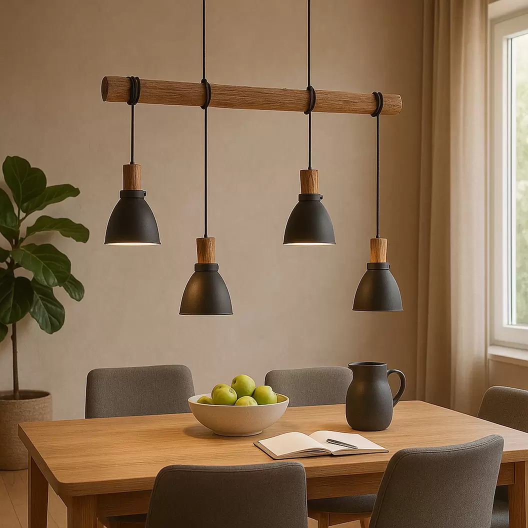 Lindby Hängeleuchte Trebale, 4-flg., schwarz, Holz/Metall