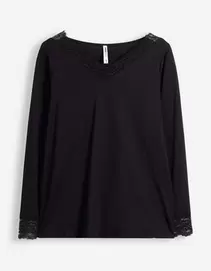 Langarmshirt - Spitzenbesatz - Schwarz