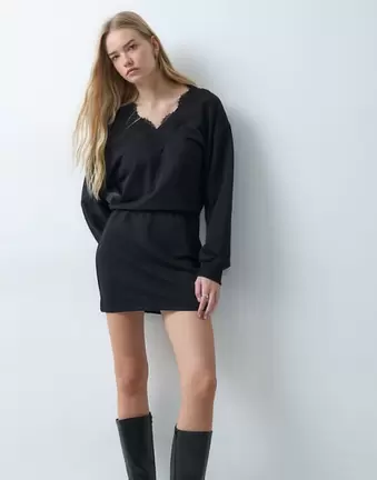 ASOS DESIGN Sweat-Minikleid mit Spitzenbesatz und V-Ausschnitt in Schwarz