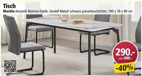 Tisch Marble Keramik Marmor-Optik, Gestell Metall schwarz pulverbeschichtet, 180 x 76 x 90 cm