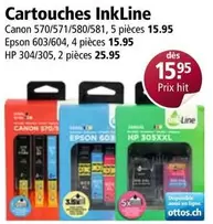 Hp - Cartouches InkLine Canon 570/571/580/581, 5 pièces; Epson 603/604, 4 pièces; HP 304/305, 2 pièces