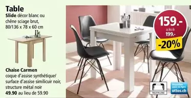 Table Slide décor blanc ou chêne sciage brut, 80/136 x 78 x 60 cm