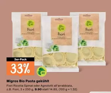 Migros Bio Pasta gekühlt Fiori Ricotta Spinat oder Agnolotti all'arrabbiata