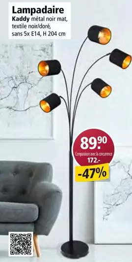 Lampadaire Kaddy métal noir mat, textile noir/doré