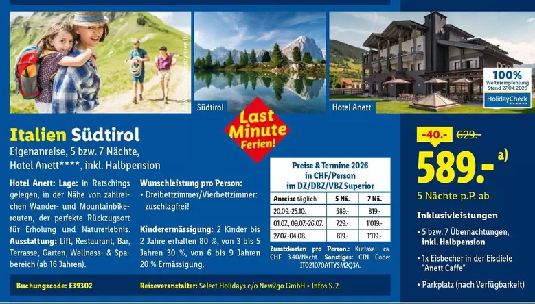 Kinder - Italien Südtirol Eigenanreise, 5 bzw. 7 Nächte, Hotel Anett