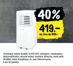 Climatiseur mobile Ecowell, 10 000 BTU
