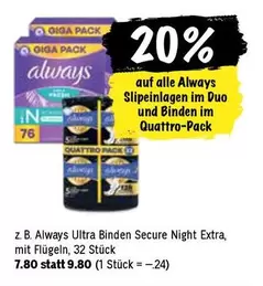 Always Slip Einlagen im Duo und Binden im Quattro-Pack