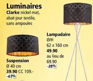 Suspension Clarke nickel mat, abat-jour textile, sans ampoules