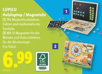Holzlaptop / Magnetuhr [1] 78x Magnetbuchstaben, Zahlen und mathematische Symbole [2] Mit 12 Magneten für die Monate und Holzschiebern für die Wochentage