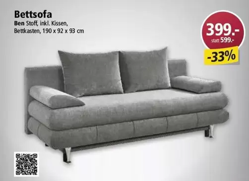 Bettsofa Ben Stoff, inkl. Kissen, Bettkasten, 190 x 92 x 93 cm