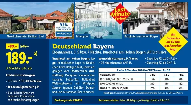 Whirlpool - Deutschland Bayern Eigenanreise, 3, 5 bzw. 7 Nächte, Burghotel am Hohen Bogen, All Inclusive