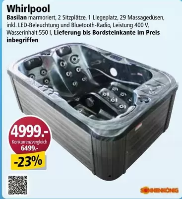 Whirlpool -  Basilan marmoriert, 2 Sitzplätze, 1 Liegeplatz, 29 Massagedüsen, inkl. LED-Beleuchtung und Bluetooth-Radio, Leistung 400 V, Wasserinhalt 550 l, Lieferung bis Bordsteinkante