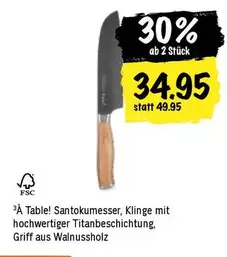 Santokumesser, Klinge mit hochwertiger Titanbeschichtung, Griff aus Walnussholz