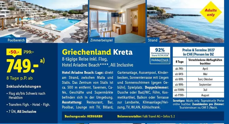 Ag - Griechenland Kreta - 8-tägige Reise inkl. Flug, Hotel Ariadne Beach, All Inclusive