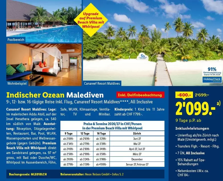 Whirlpool - Indischer Ozean Malediven 9-12 tägige Reise inkl. Flug, Canareef Resort Maldives, All Inclusive