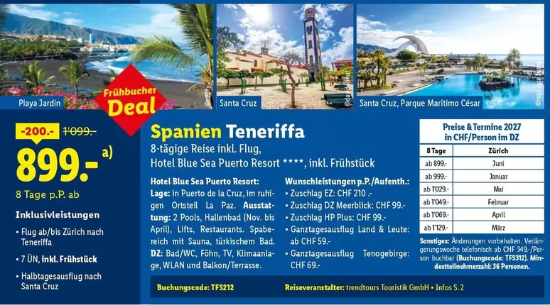 Hp - Spanien Teneriffa 8-tägige Reise inkl. Flug, Hotel Blue Sea Puerto Resort ****, inkl. Frühstück