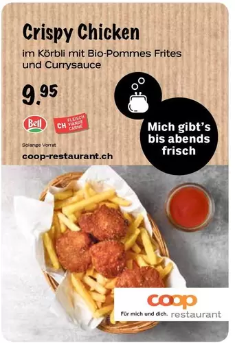 Crispy Chicken im Kederalederalrli mit Bio-Pommes Frites und Currysauce