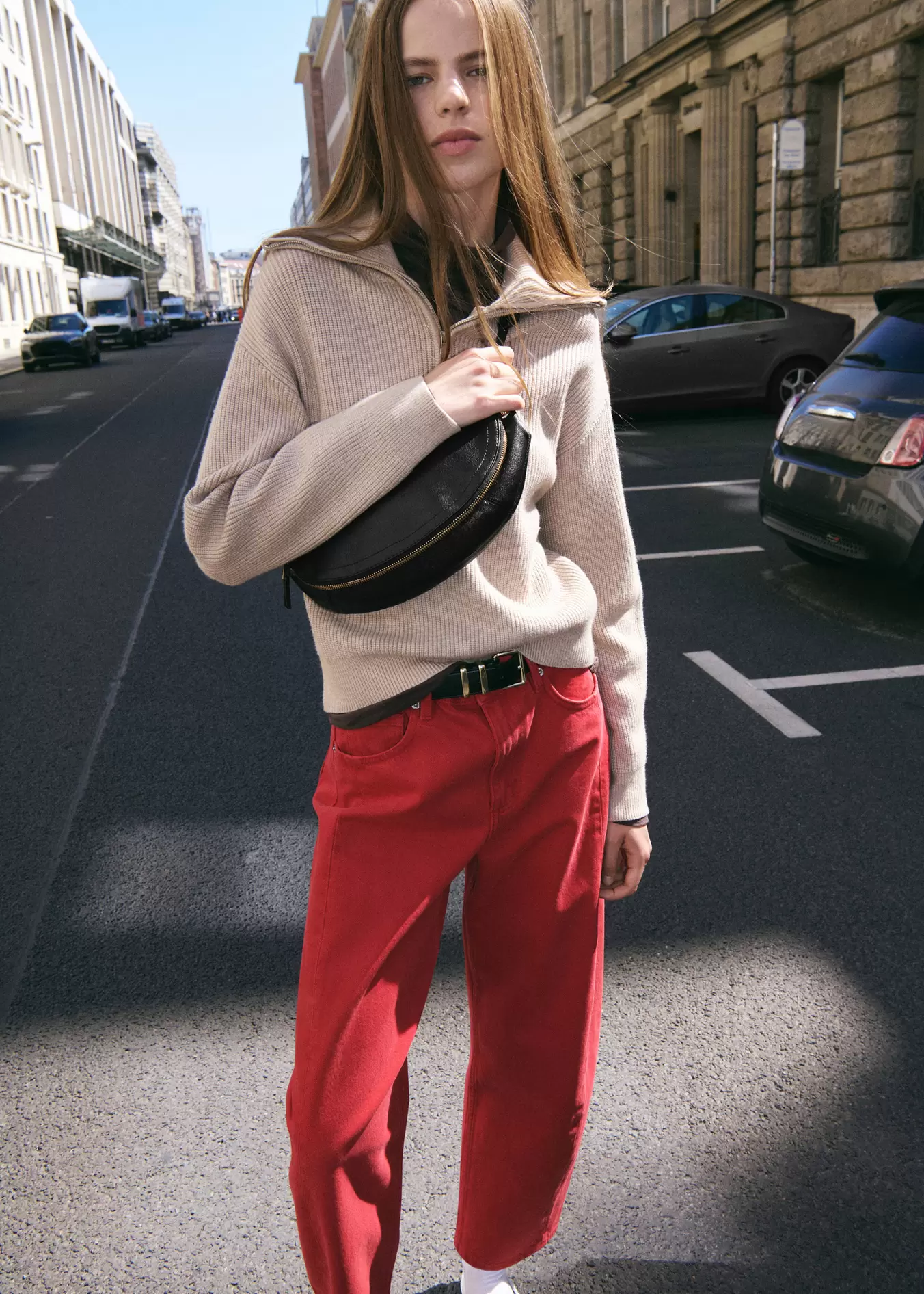 Semi-circular faux leather shoulder bag