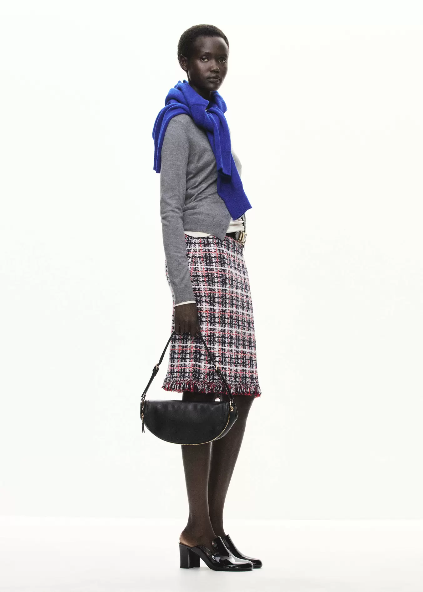 Midi tweed checked skirt with fringed detail