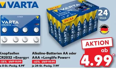 Varta - Knopfzellen CR2032 Energy, Alkaline-Batterien AA oder AAA Longlife Power