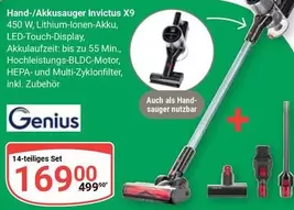 Genius - Hand-Akkusauger Invictus X9 450 W, Lithium-Ionen-Akku, LED-Touch-Display, Akkulaufzeit: bis zu 55 Min., Hochleistungs-BLDC-Motor, HEPA- und Multi-Zyklonfilter, inkl. Zubehör