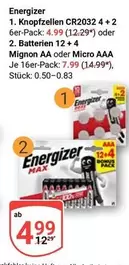 Energizer - Knopfzellen CR2032 4 + 2 6er-Pack or Batterien 12 + 4 Mignon AA oder Micro AAA Je 16er-Pack