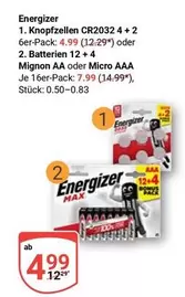 Energizer - Knopfzellen CR2032 4 + 2 oder Batterien 12+4 Mignon AA oder Micro AAA