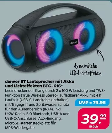 BT Lautsprecher mit Akku und Lichteffekten BTG-616