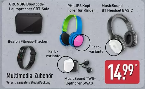 Philips - Bluetooth-Lautsprecher GBT-Solo, Kopfhörer für Kinder, BT Headset BASIC, Fitness-Tracker, TWS-Kopfhörer SWAG