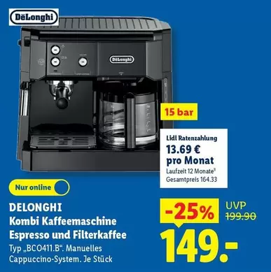 Delonghi - Kombi Kaffeemaschine Espresso und Filterkaffee Typ "BC0411.B"