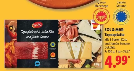 Sol - Tapasplatte mit 3 Sorten Käse und Jamón Serrano