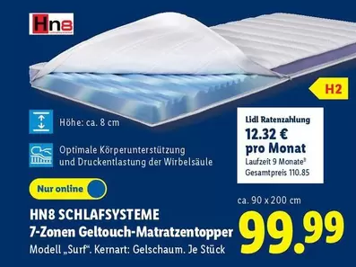 Hn8 SCHLAFSYSTEME 7-Zonen Geltouch-Matratzentopper Modell "Surf" Kernart: Gelschaum, Je Stück