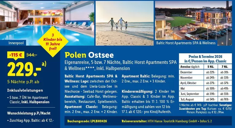 Kinder - Polen Ostsee Eigenanreise, 5 bzw. 7 Nächte, Baltic Horst Apartments SPA & Wellness inkl. Halbpension
