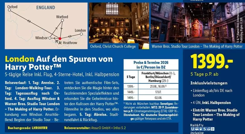 Harry Potter - London Auf den Spuren von 
5-tägige Reise inkl. Flug, 4-Sterne-Hotel, Halbpension