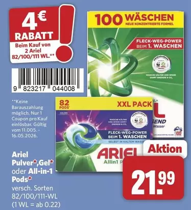 Ariel - Pulver, Gel oder All-in-1 Pods versch. Sorten 82/100/111 WL