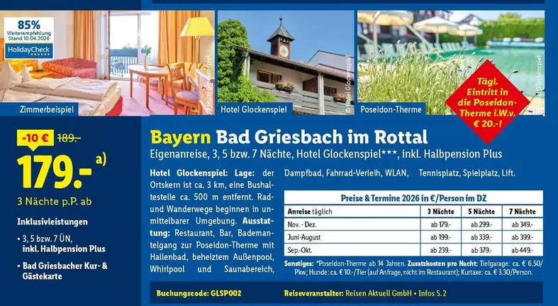Whirlpool - Bayern Bad Griesbach im Rottal Eigenanreise, 3, 5, 7 Nächte, Hotel Glockenspiel, inkl. Halbpension Plus