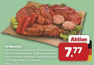 Grillparade bestehend aus Cevapcici, Grillkotelett aus dem Schweinenacken, Grillbauchscheiben ohne Knochen, Grillrippe, Holzfällersteaks und Hacksteaks vom Schwein