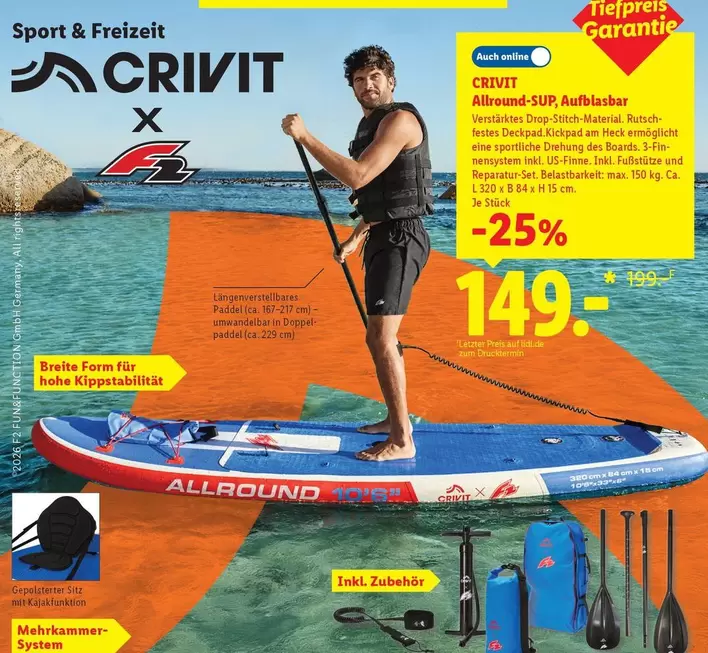 Allround-SUP, Rutschfester Deckpad, Paddel