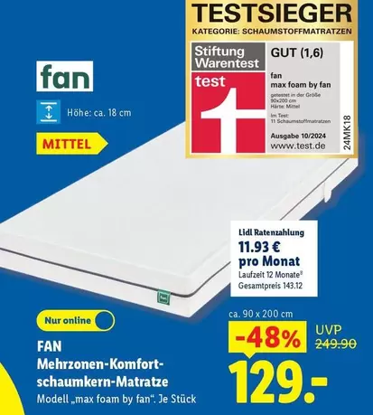 Mehrzonen-Komfortschaumkern-Matratze Modell "max foam by fan"