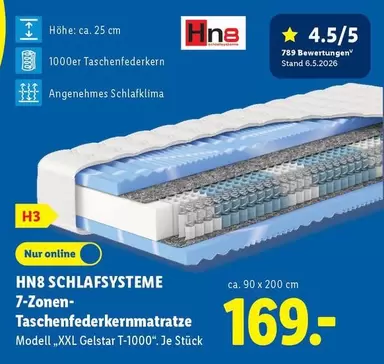 HN8 SCHLAFSYSTEME 7-Zonen-Taschenfederkernmatratze Modell "XXL Gelstar T-100"