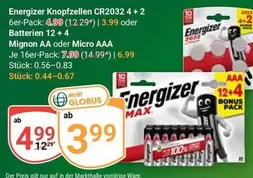 Energizer - Knopfzellen CR2032 4 + 2 6er-Pack, Batterien 12 + 4 Mignon AA oder Micro AAA