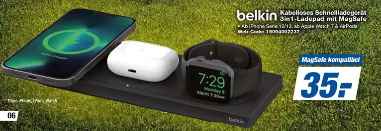 Belkin - Kabelloses Schnellladegerät 3in1-Ladepad mit MagSafe, iPhone Serie 12/13, an Apple Watch 7 & Airpods, Code: 1905400031